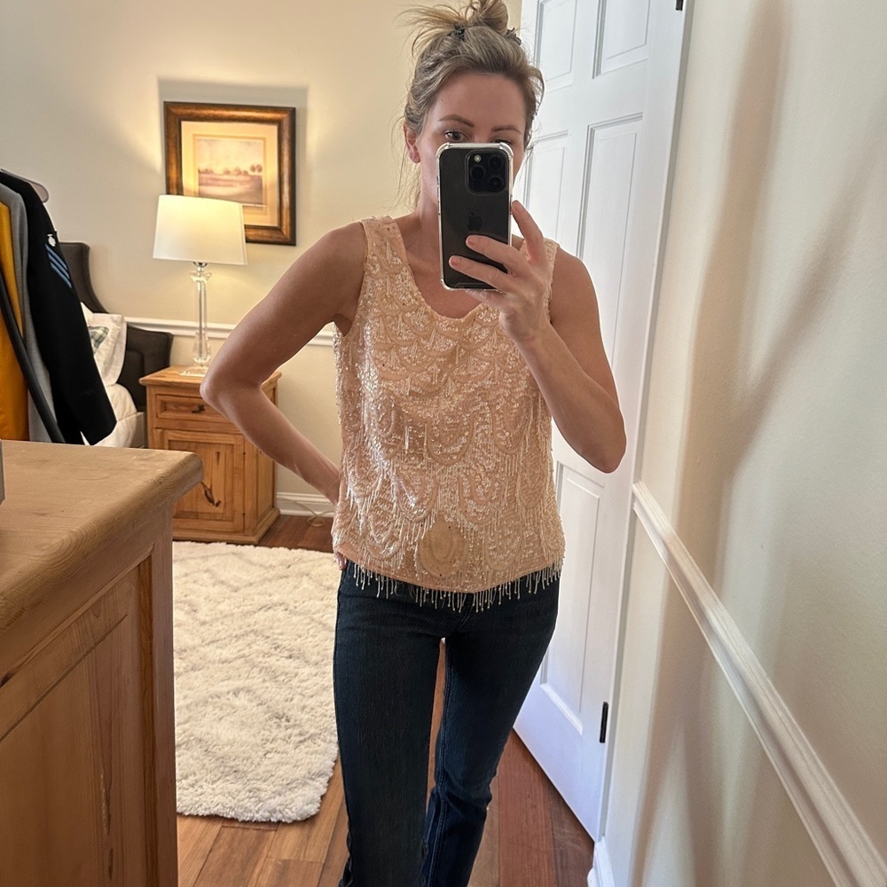 Vintage 1950s Sequin Embellished Tan Top